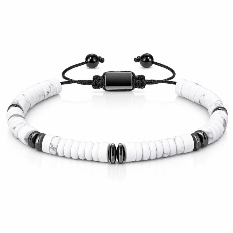 Albite natural stone bracelet with stainless steel accents and adjustable black cord