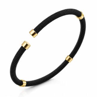 Black mesh stainless steel cuff bracelet with gold accents