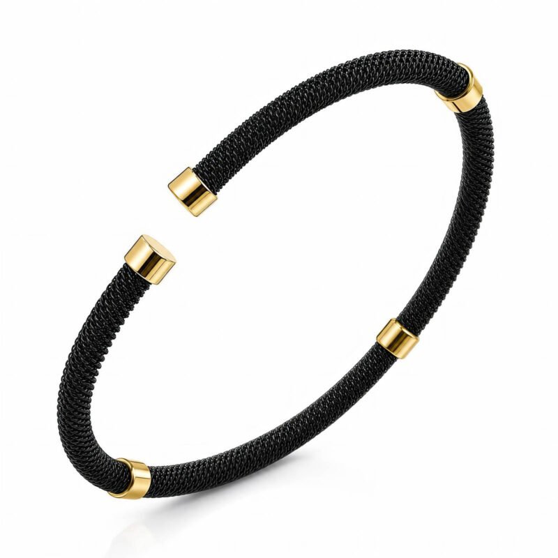 Black mesh stainless steel cuff bracelet with gold accents