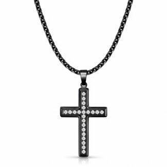 Black PVD cross pendant necklace adorned with cubic zirconia stones on a stainless steel chain