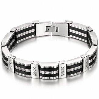 Stainless steel designer bracelet with black accents and geometric link pattern