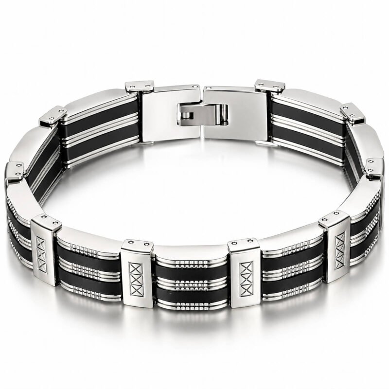 Stainless steel designer bracelet with black accents and geometric link pattern